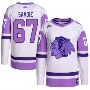 Adult Authentic Chicago Blackhawks Samuel Savoie White/Purple Hockey Fights Cancer Primegreen Official Adidas Jersey