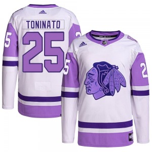 Adult Authentic Chicago Blackhawks Dominic Toninato White/Purple Hockey Fights Cancer Primegreen Official Adidas Jersey