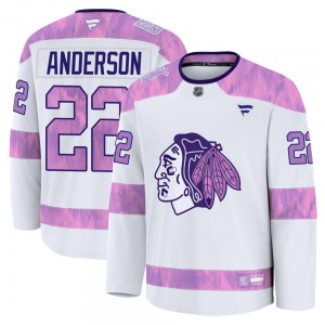 Youth Premium Chicago Blackhawks Joey Anderson White 2024 Hockey Fights Cancer Practice Official Fanatics Jersey