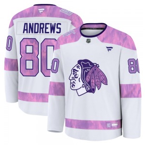 Youth Premium Chicago Blackhawks Zach Andrews White 2024 Hockey Fights Cancer Practice Official Fanatics Jersey