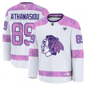 Youth Premium Chicago Blackhawks Andreas Athanasiou White 2024 Hockey Fights Cancer Practice Official Fanatics Jersey