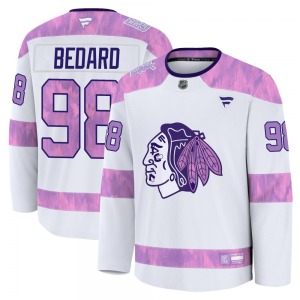 Youth Premium Chicago Blackhawks Connor Bedard White 2024 Hockey Fights Cancer Practice Official Fanatics Jersey