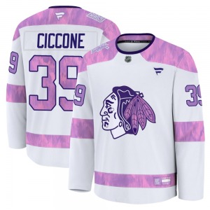 Youth Premium Chicago Blackhawks Enrico Ciccone White 2024 Hockey Fights Cancer Practice Official Fanatics Jersey