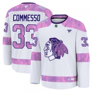 Youth Premium Chicago Blackhawks Drew Commesso White 2024 Hockey Fights Cancer Practice Official Fanatics Jersey