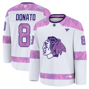 Youth Premium Chicago Blackhawks Ryan Donato White 2024 Hockey Fights Cancer Practice Official Fanatics Jersey