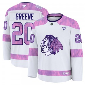 Youth Premium Chicago Blackhawks Ryan Greene White 2024 Hockey Fights Cancer Practice Official Fanatics Jersey