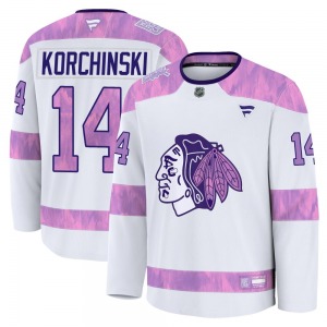 Youth Premium Chicago Blackhawks Kevin Korchinski White 2024 Hockey Fights Cancer Practice Official Fanatics Jersey