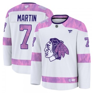 Youth Premium Chicago Blackhawks Pit Martin White 2024 Hockey Fights Cancer Practice Official Fanatics Jersey