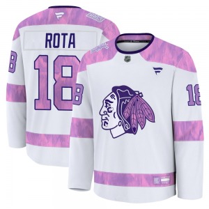 Youth Premium Chicago Blackhawks Darcy Rota White 2024 Hockey Fights Cancer Practice Official Fanatics Jersey
