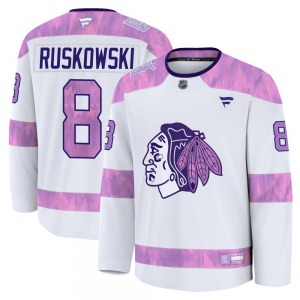 Youth Premium Chicago Blackhawks Terry Ruskowski White 2024 Hockey Fights Cancer Practice Official Fanatics Jersey