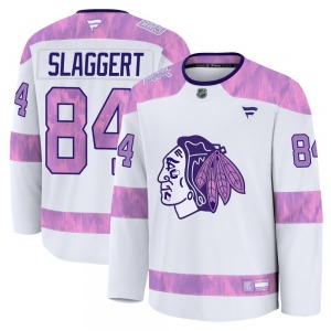 Youth Premium Chicago Blackhawks Landon Slaggert White 2024 Hockey Fights Cancer Practice Official Fanatics Jersey