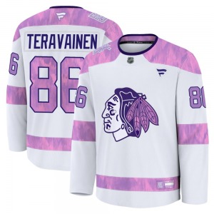 Youth Premium Chicago Blackhawks Teuvo Teravainen White 2024 Hockey Fights Cancer Practice Official Fanatics Jersey