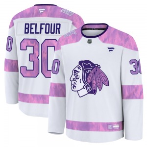 Adult Premium Chicago Blackhawks ED Belfour White 2024 Hockey Fights Cancer Practice Official Fanatics Jersey