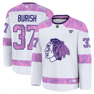 Adult Premium Chicago Blackhawks Adam Burish White 2024 Hockey Fights Cancer Practice Official Fanatics Jersey