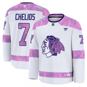 Adult Premium Chicago Blackhawks Chris Chelios White 2024 Hockey Fights Cancer Practice Official Fanatics Jersey