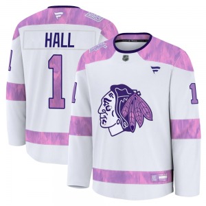 Adult Premium Chicago Blackhawks Glenn Hall White 2024 Hockey Fights Cancer Practice Official Fanatics Jersey