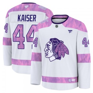 Adult Premium Chicago Blackhawks Wyatt Kaiser White 2024 Hockey Fights Cancer Practice Official Fanatics Jersey
