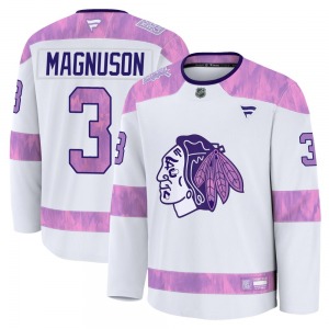 Adult Premium Chicago Blackhawks Keith Magnuson White 2024 Hockey Fights Cancer Practice Official Fanatics Jersey