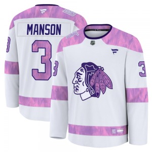 Adult Premium Chicago Blackhawks Dave Manson White 2024 Hockey Fights Cancer Practice Official Fanatics Jersey