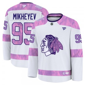 Adult Premium Chicago Blackhawks Ilya Mikheyev White 2024 Hockey Fights Cancer Practice Official Fanatics Jersey
