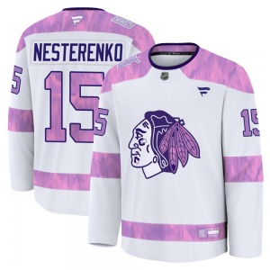 Adult Premium Chicago Blackhawks Eric Nesterenko White 2024 Hockey Fights Cancer Practice Official Fanatics Jersey