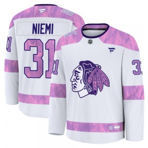 Adult Premium Chicago Blackhawks Antti Niemi White 2024 Hockey Fights Cancer Practice Official Fanatics Jersey