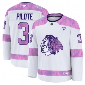 Adult Premium Chicago Blackhawks Pierre Pilote White 2024 Hockey Fights Cancer Practice Official Fanatics Jersey