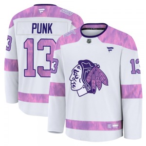 Adult Premium Chicago Blackhawks CM Punk White 2024 Hockey Fights Cancer Practice Official Fanatics Jersey