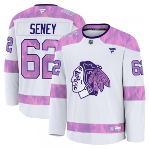 Adult Premium Chicago Blackhawks Brett Seney White 2024 Hockey Fights Cancer Practice Official Fanatics Jersey