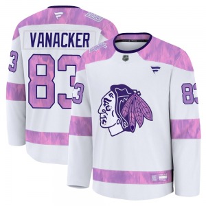 Adult Premium Chicago Blackhawks Marek Vanacker White 2024 Hockey Fights Cancer Practice Official Fanatics Jersey