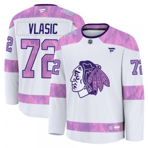 Adult Premium Chicago Blackhawks Alex Vlasic White 2024 Hockey Fights Cancer Practice Official Fanatics Jersey