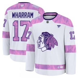 Adult Premium Chicago Blackhawks Kenny Wharram White 2024 Hockey Fights Cancer Practice Official Fanatics Jersey