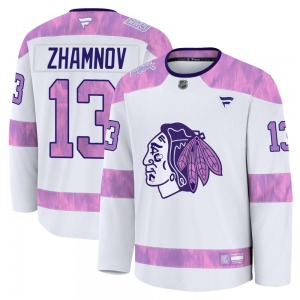 Adult Premium Chicago Blackhawks Alex Zhamnov White 2024 Hockey Fights Cancer Practice Official Fanatics Jersey