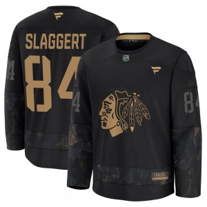 Adult Premium Chicago Blackhawks Landon Slaggert Black 2024 Military Appreciation Practice Official Fanatics Jersey