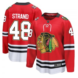Adult Breakaway Chicago Blackhawks Austin Strand Red Centennial Official Fanatics Jersey